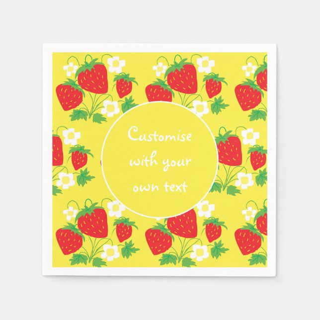 Strawberries and Flowers Yellow Custom Text Napkin (Front)