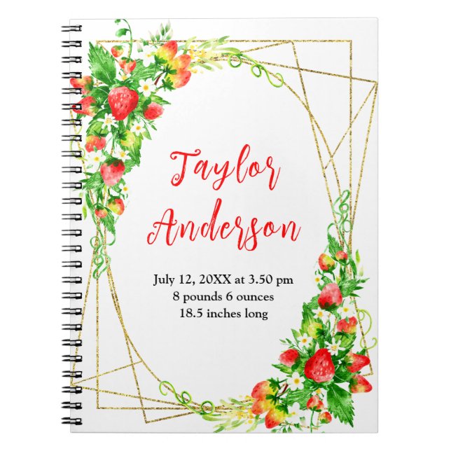 Strawberries and Foliage Baby Birth Stats Notebook (Front)