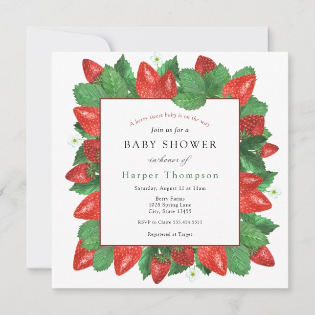 Strawberries and Greenery Baby Shower Invitation (Front)