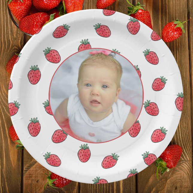 Strawberries and Photo Birthday Party Paper Plate (Creator Uploaded)