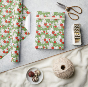 Strawberries and pink and white flowers wrapping paper