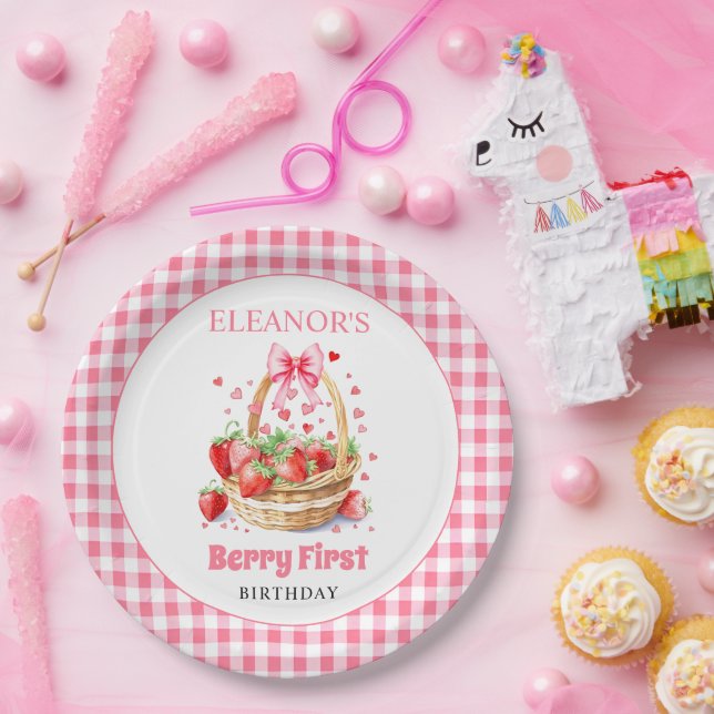 Strawberries and pink bow Berry First Birthday Paper Plate (Party)