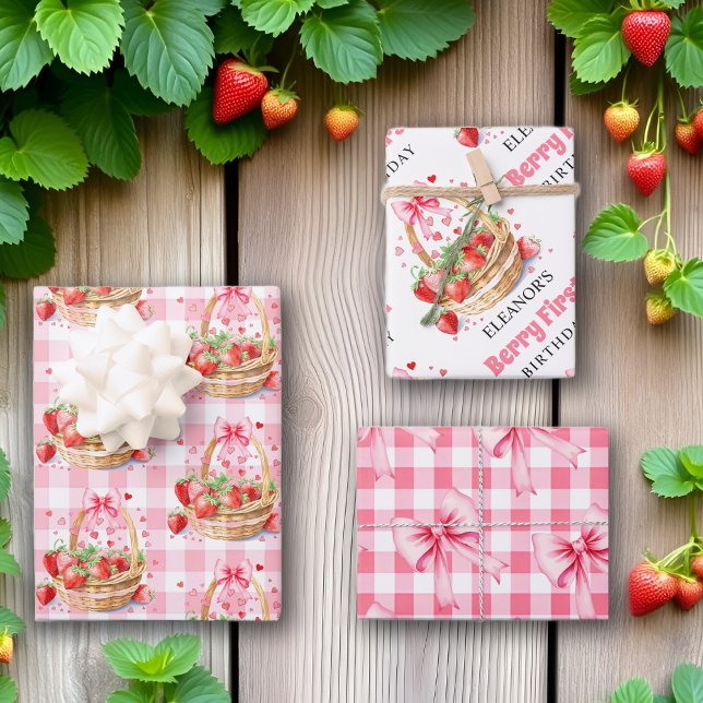 Strawberries and pink bow Berry First Birthday Wrapping Paper Sheet (Creator Uploaded)