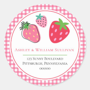 Strawberries and Pink Checks Return Address Classic Round Sticker