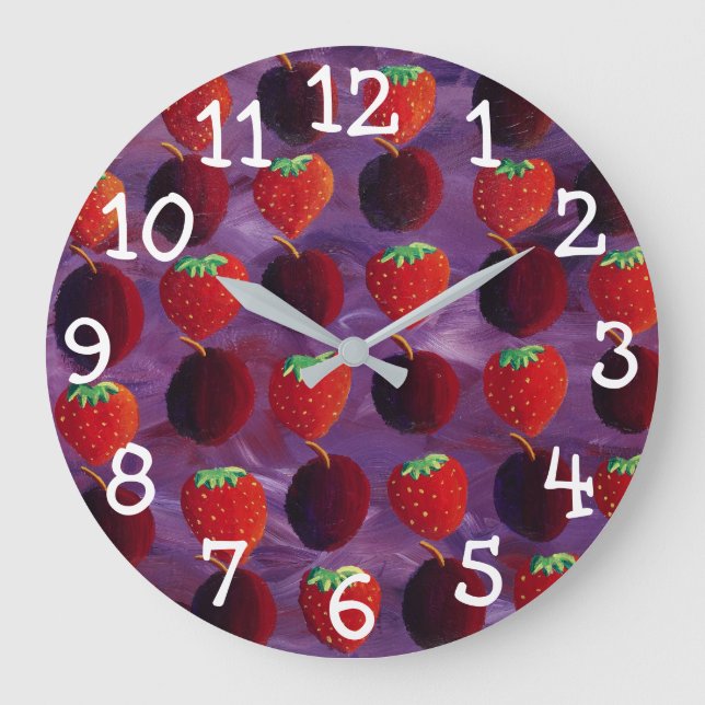 Strawberries and Plums Red Fruit Painting Large Clock (Front)