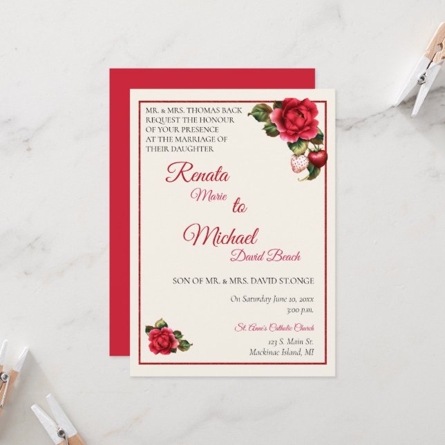 Strawberries and Red Roses Wedding Invitation (Front/Back In Situ)