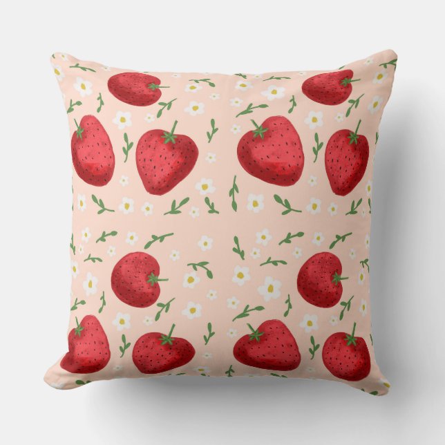 Strawberries and white flowers throw pillow (Front)