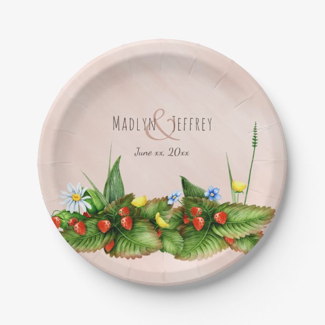 Strawberries and wildflowers meadow wedding paper plate (Front)