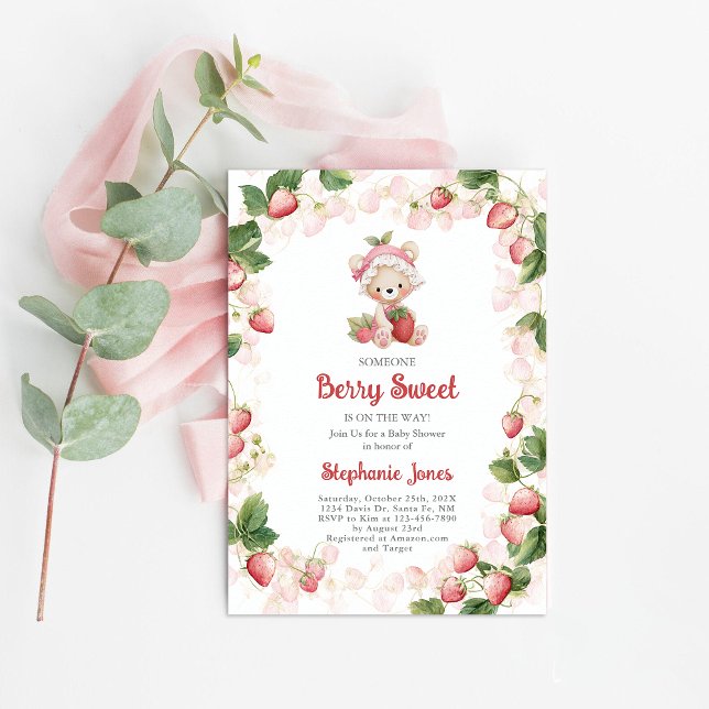 Strawberries Bear Baby Shower Girl Inv Invitation (Creator Uploaded)