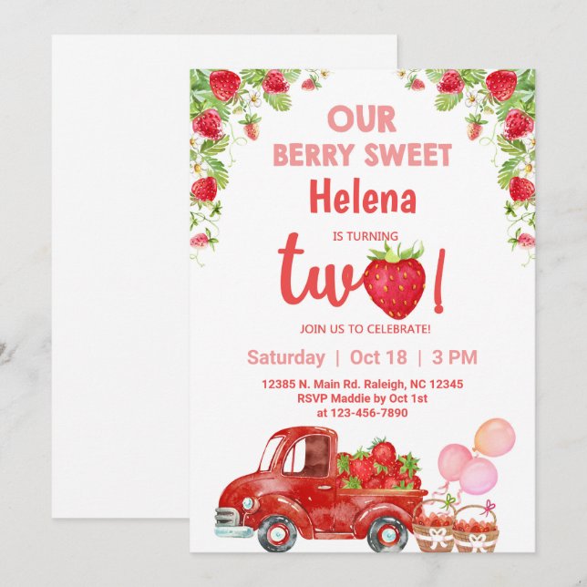 Strawberries berry sweet girl birthday invitation. invitation (Front/Back)