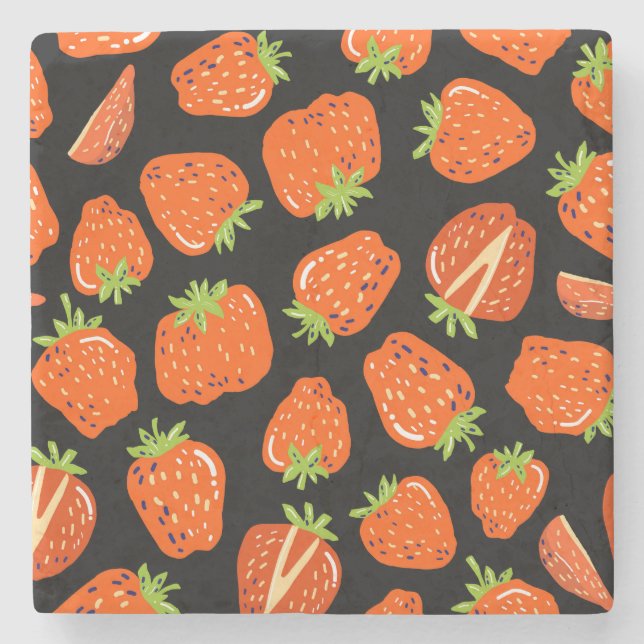 Strawberries Black: Vintage Seamless Texture Stone Coaster (Front)