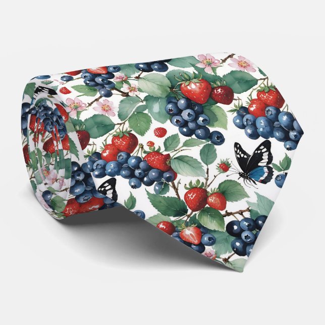 Strawberries Blueberries and Butterflies Floral Tie (Rolled)