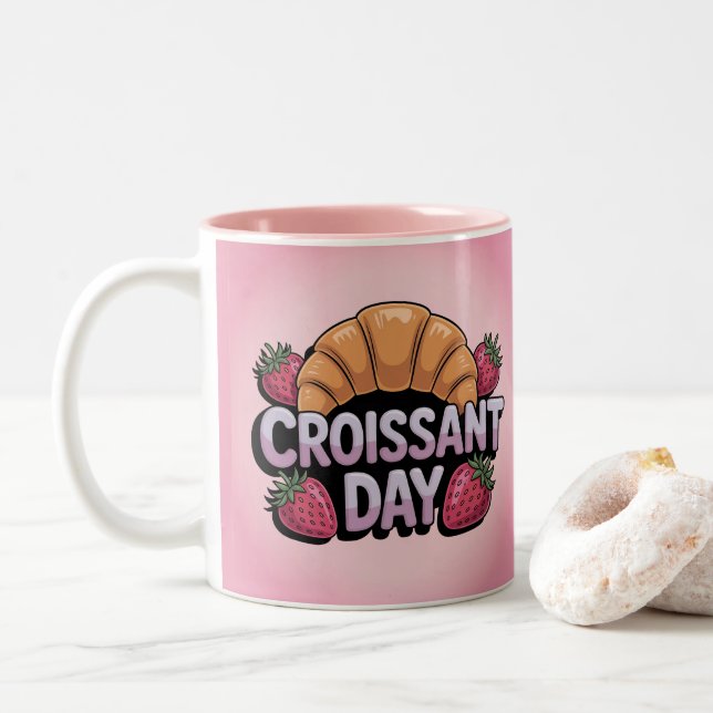 Strawberries Croissant Day Pink Mug (Avec donut)