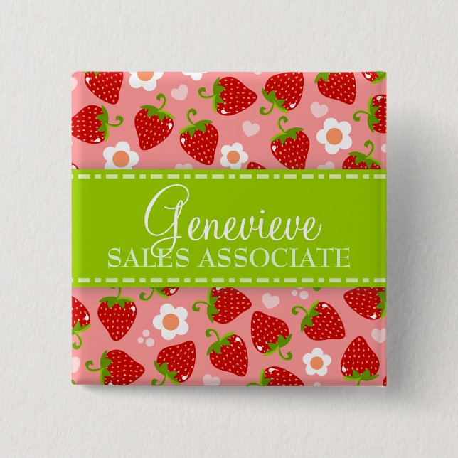 Strawberries Custom Name Badge 2 Inch Square Button (Front)