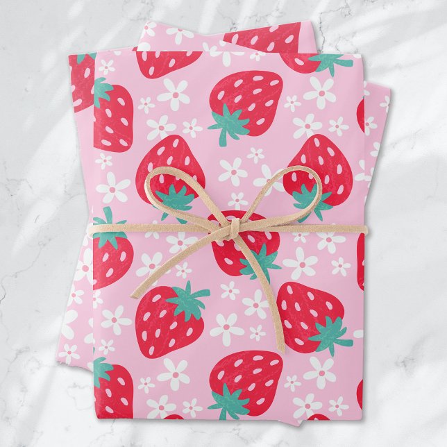 Strawberries Daisies Pattern Pink Red Wrapping Paper Sheet (Creator Uploaded)