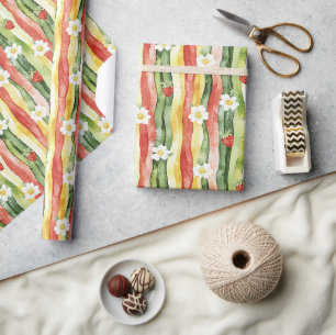 Strawberries Daisies Red Green Yellow Birthday Wrapping Paper