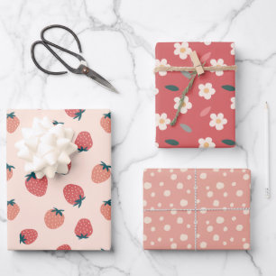 Strawberries, Florals and Abstract Pattern Theme Wrapping Paper Sheet