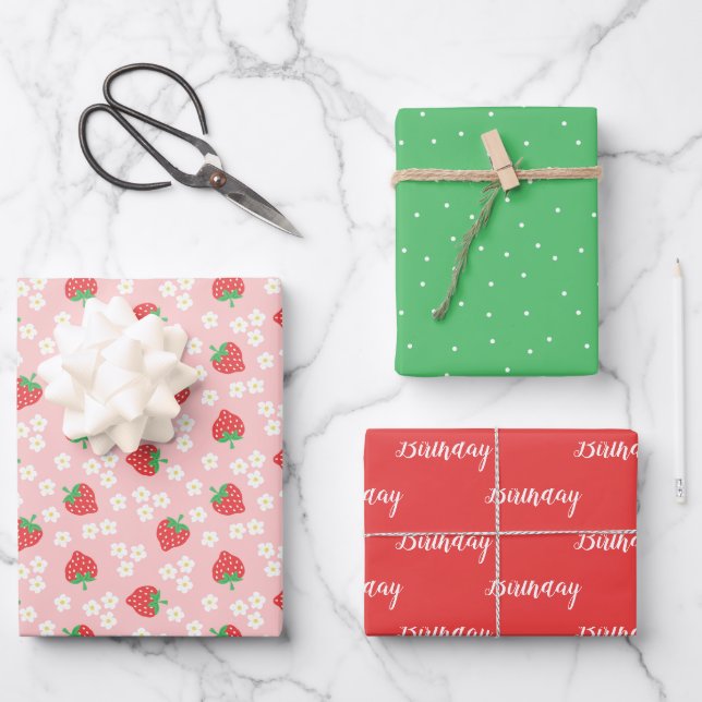 Strawberries & Flowers Cute Patterns Wrapping Paper Sheet (Front)