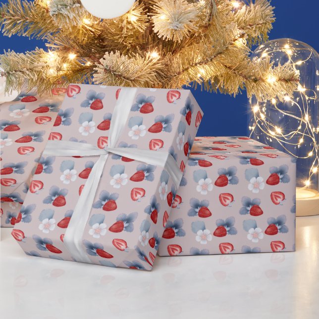 Strawberries, Flowers, Leaves On Pink Wrapping Paper (Holidays)