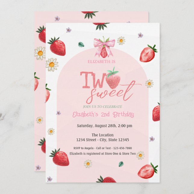 Strawberries Flowers Two Sweet 2nd Birthday Invitation (Front/Back)