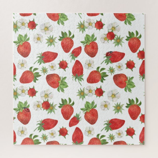 Strawberries Flowers: Watercolor Seamless Art Jigsaw Puzzle (Vertical)