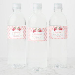 Strawberries Gingham Check Picnic Birthday Party Water Bottle Label