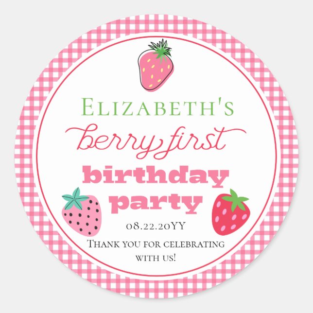 Strawberries Girl's Berry First Birthday Party Classic Round Sticker (Front)