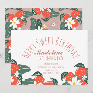 Strawberries Hand Drawn Botanical Birthday Pink Invitation