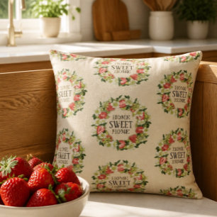 Strawberries   Home Sweet Home   Khaki  Throw Pillow