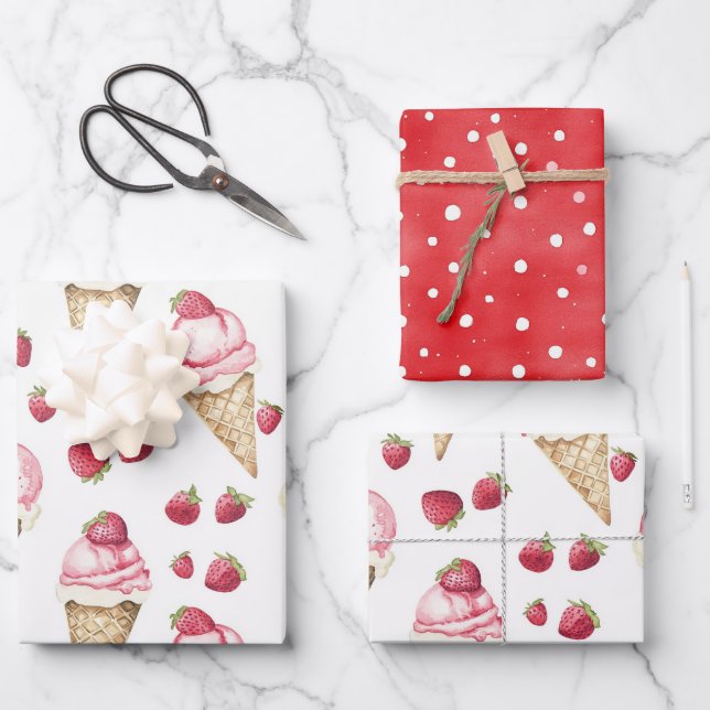 Strawberries Ice Cream Cones Red Dots Birthday Wrapping Paper Sheet (Front)