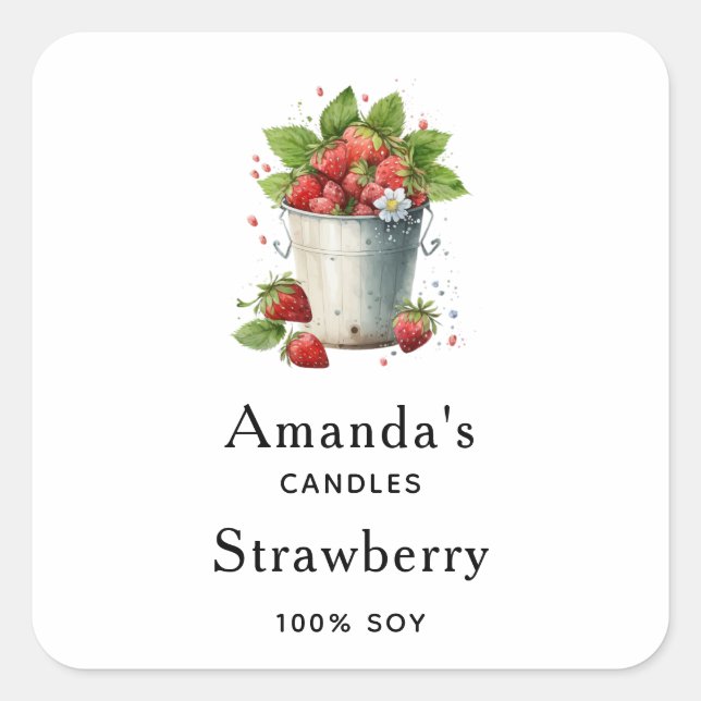 Strawberries in a Bucket Candle Business Square Sticker (Front)