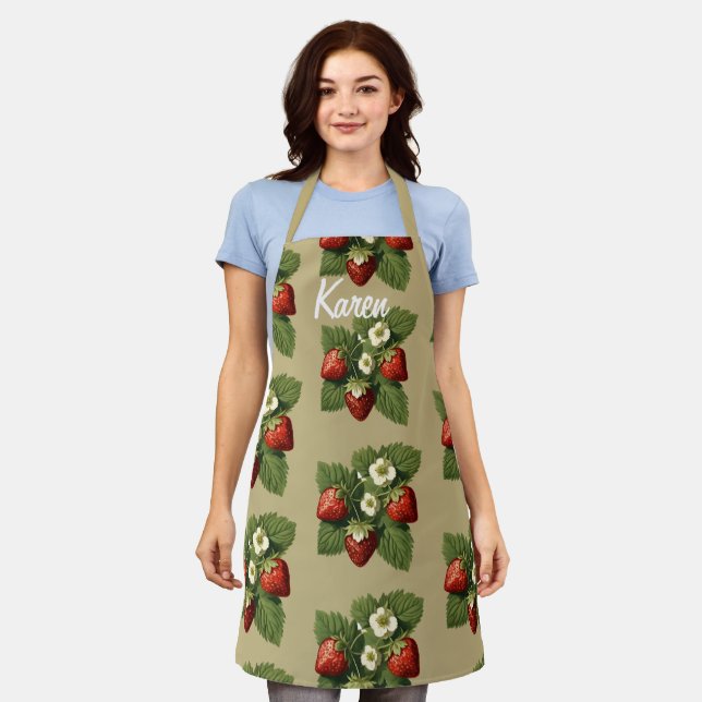 Strawberries  in beige -personalized apron (Worn)