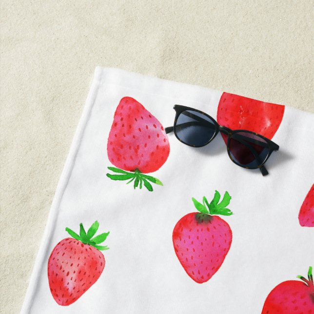 Strawberries in Pink, Red and Green Watercolor Beach Towel (In Situ)