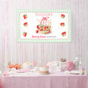 Strawberries mint gingham Berry First Birthday Banner