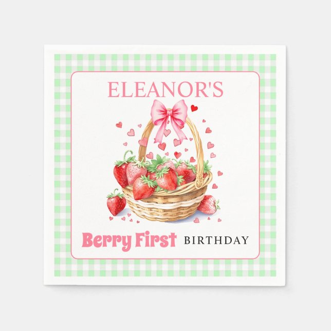 Strawberries mint gingham Berry First Birthday Napkin (Front)