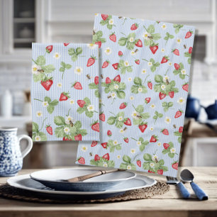 Strawberries n Bees Watercolor Blue Pin Stripes Kitchen Towel
