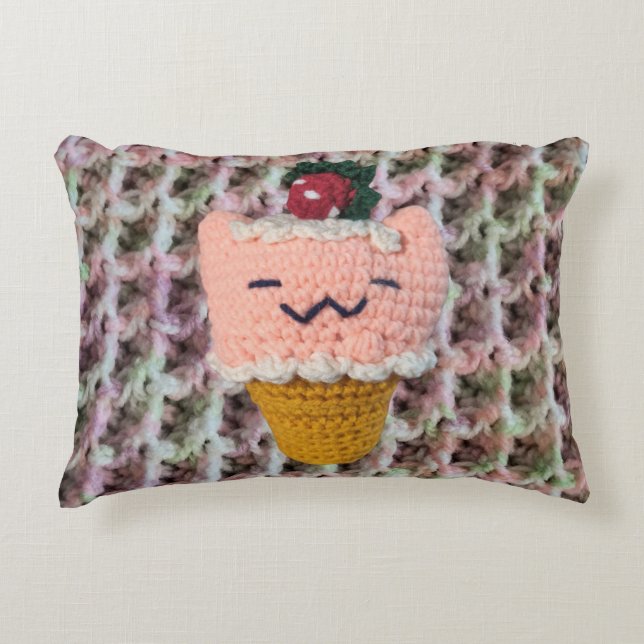 Strawberries-N-Cream Ice Cream Cone Amigurumi Cat Accent Pillow (Front)