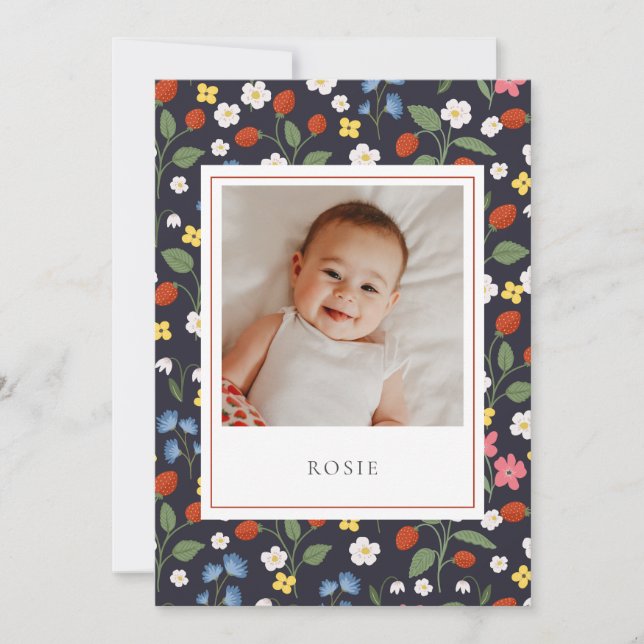 Strawberries navy Baby Birth  Announcement (Front)