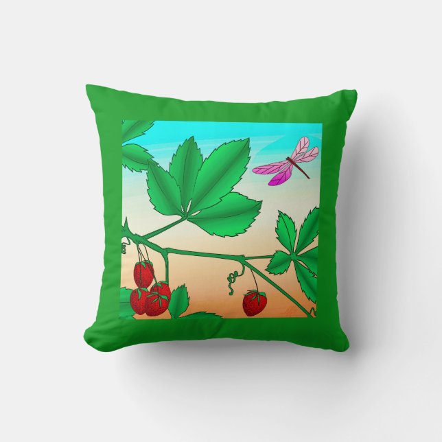 Strawberries on a Branch and Dragonfly Throw Pillow (Front)