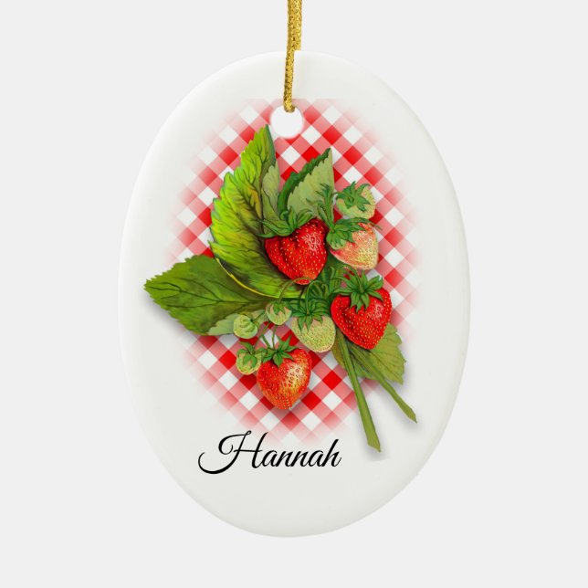 Strawberries on Gingham, "I love you berry much" Ceramic Ornament (Front)