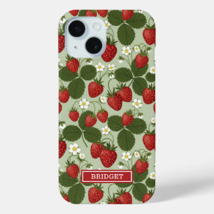 Strawberries On Green Monogrammed iPhone 15 Case