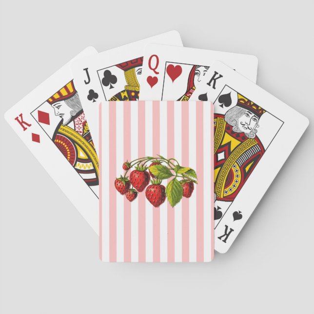 Strawberries on Pink and White Stripes Playing Cards (Back)