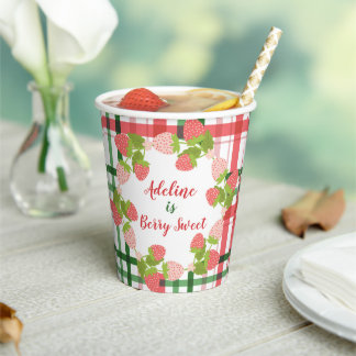 Strawberries on Pink Green Plaid with Name Paper Cups