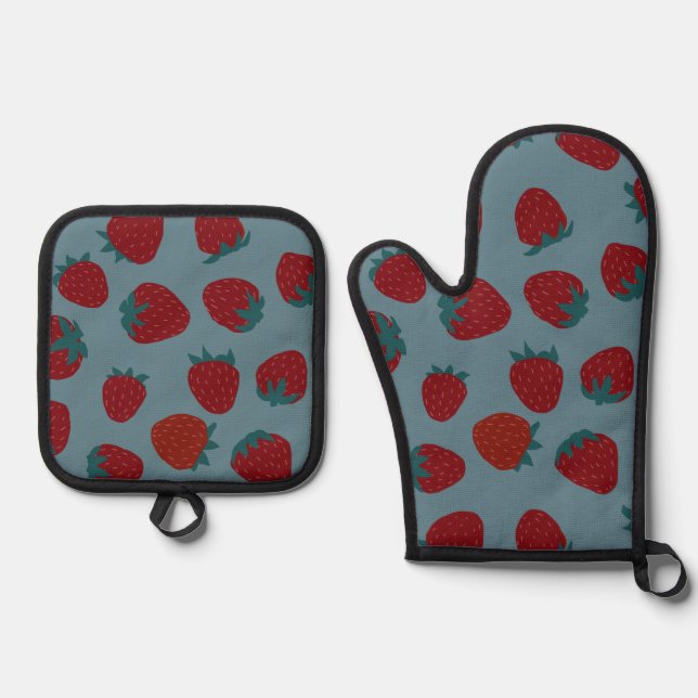 Strawberries on Turquoise Oven Mitt & Pot Holder Set (Front)