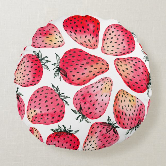 Strawberries painted with watercolor and ink seaml round pillow (Front)