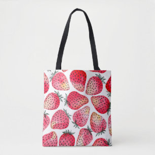 Strawberries painted with watercolor and ink seaml tote bag