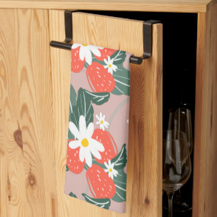 Strawberries Picking Patch Pattern Hand Drawn Kitchen Towel