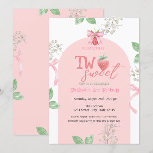 Strawberries Pink Bow Two Sweet 2nd Birthday Invitation