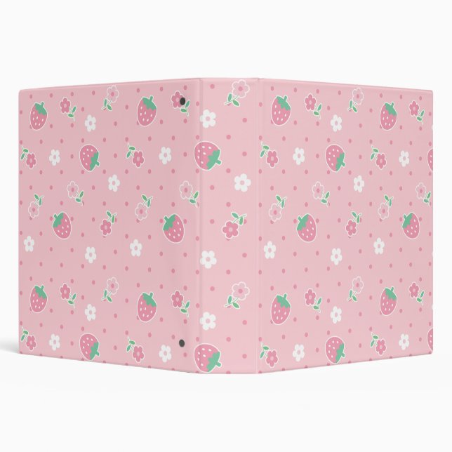Strawberries Pink Flowers Dots Kawaii Cute Pastel Binder (Background)