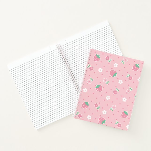 Strawberries Pink Flowers Dots Kawaii Cute Pastel Notebook (Inside)